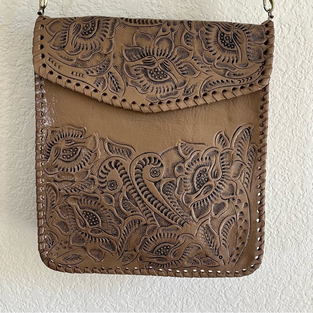 Floral Embossed Crossbody Bag Western Handmade Purse Tan Removeable Strap